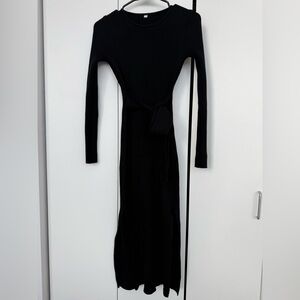 Black Knit Ribbed Dress with Waist Sash